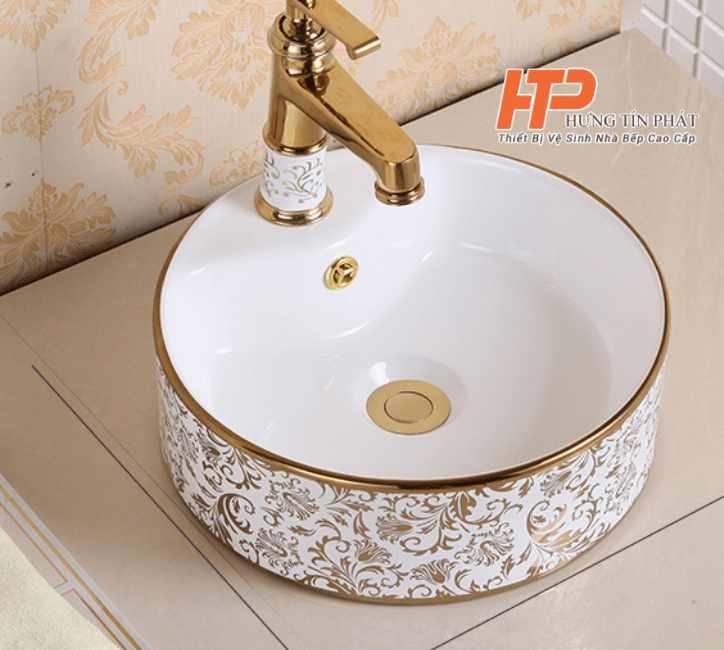 Lavabo Sứ Cao Cấp Họa Tiết Vàng