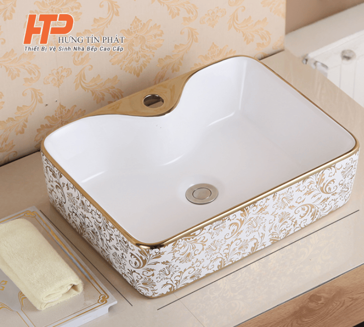 Lavabo Sứ Cao Cấp Họa Tiết Vàng