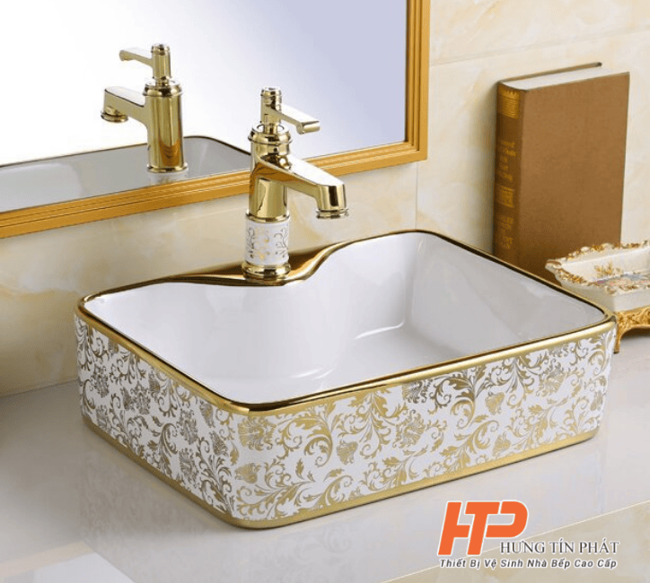 Lavabo Sứ Cao Cấp Họa Tiết Vàng