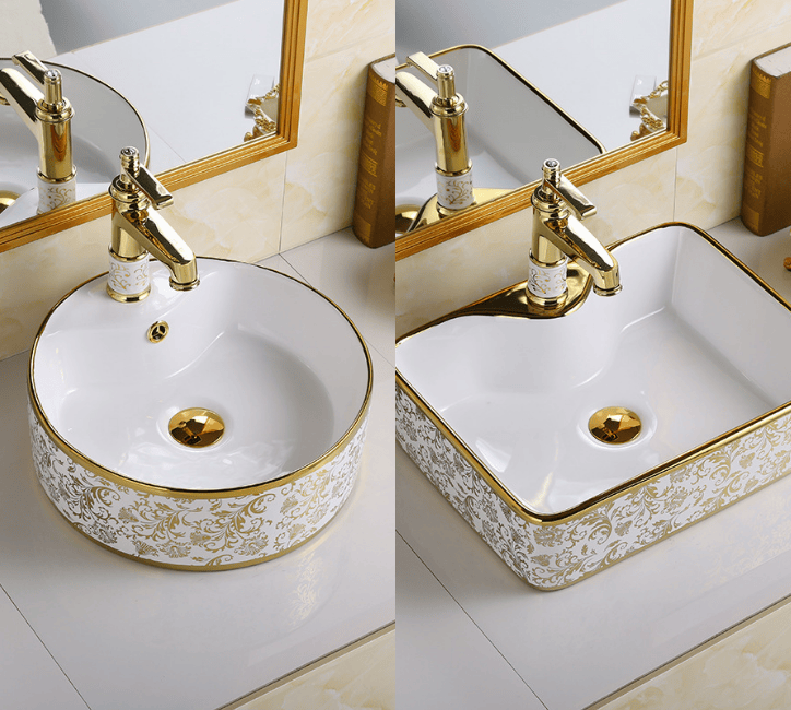 Lavabo Sứ Cao Cấp Họa Tiết Vàng