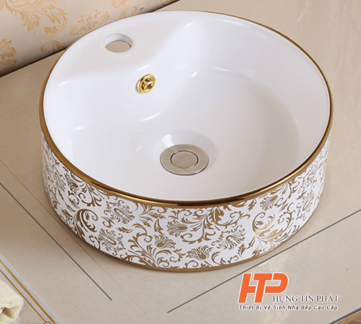 Lavabo Sứ Cao Cấp Họa Tiết Vàng